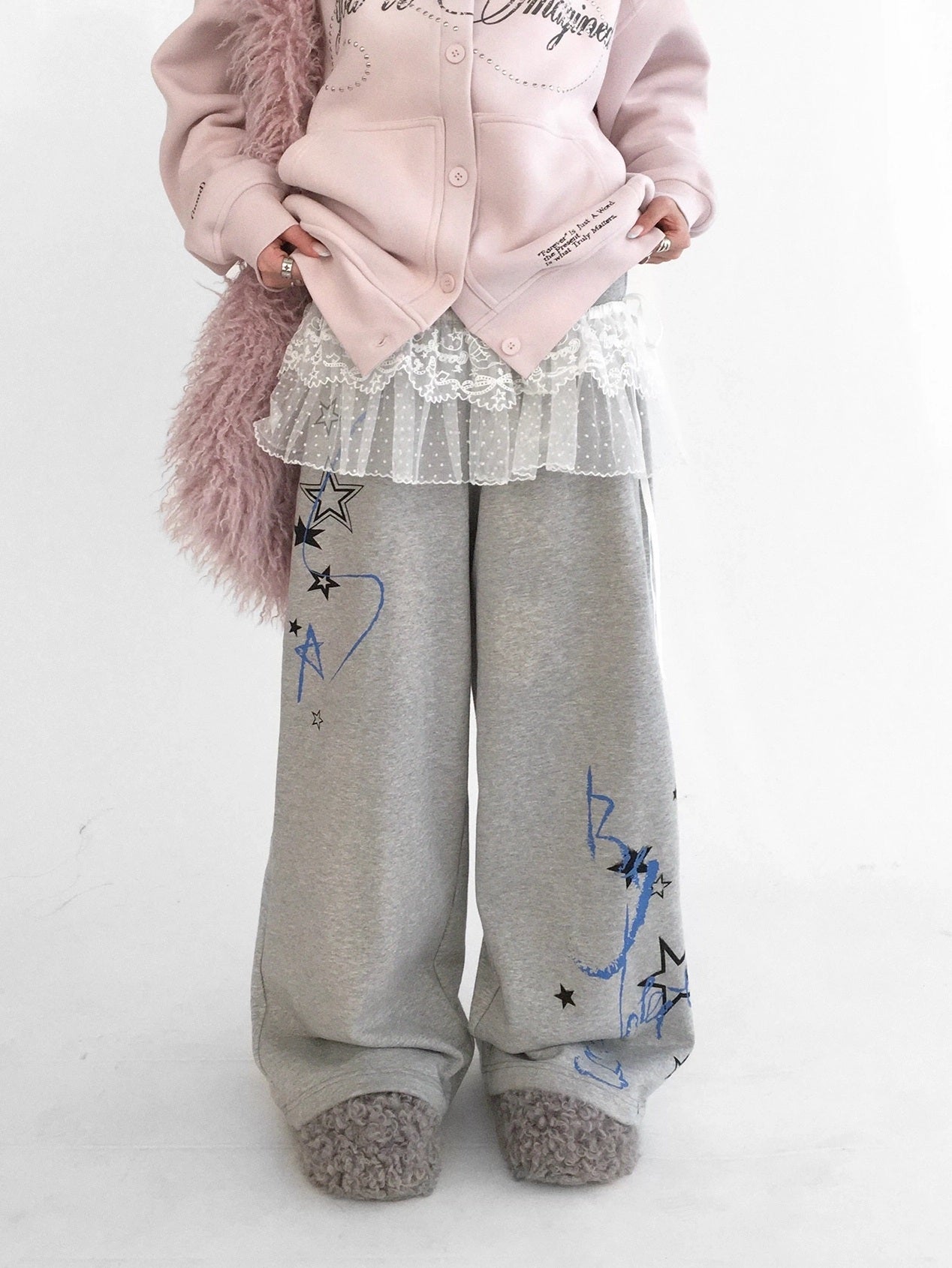 innomoood Fleece Lined Printed Straight Leg Casual Unisex Natural Waist Elastic Pants