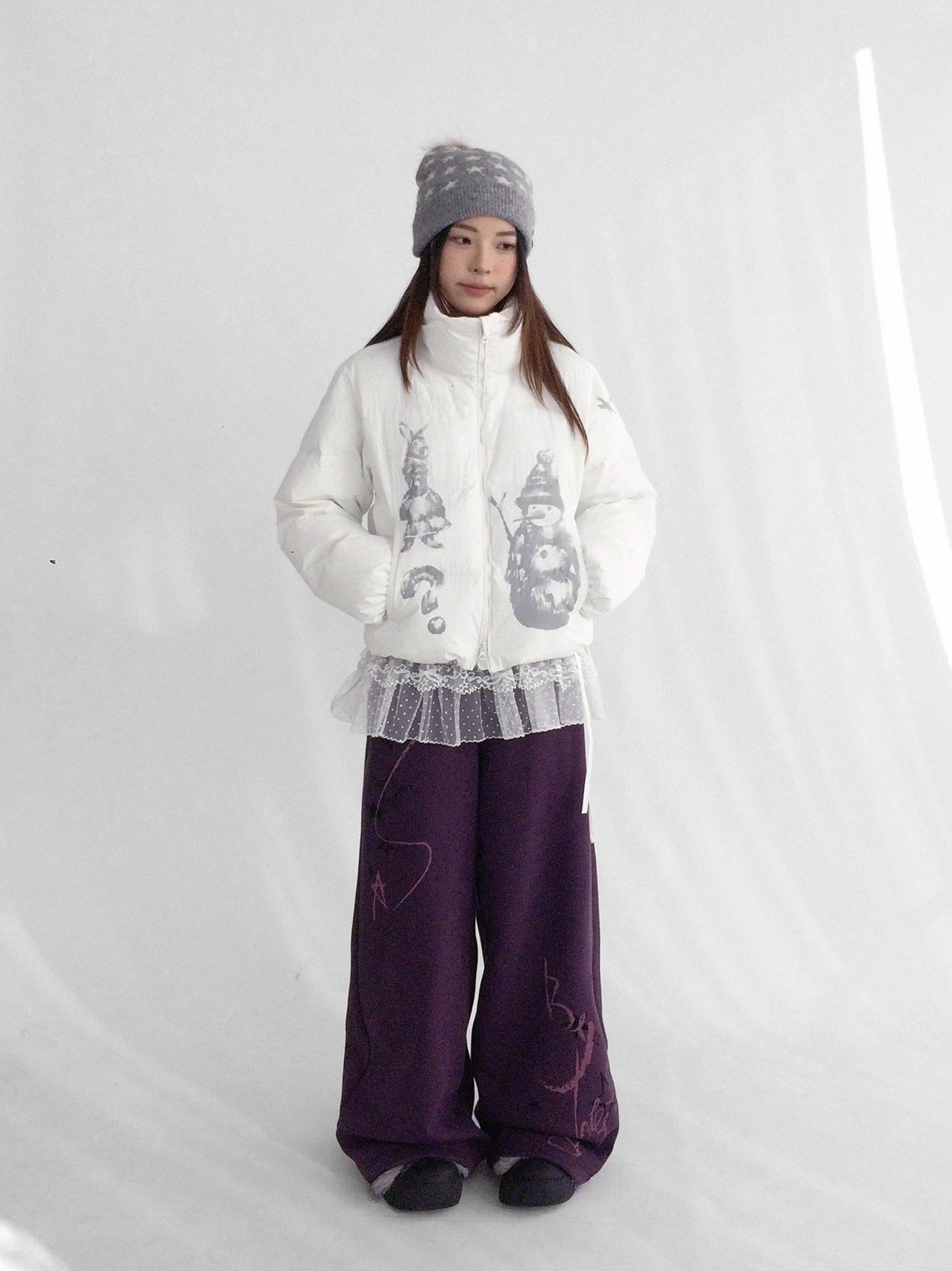 innomoood Fleece Lined Printed Straight Leg Casual Unisex Natural Waist Elastic Pants