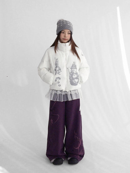 innomoood Fleece Lined Printed Straight Leg Casual Unisex Natural Waist Elastic Pants