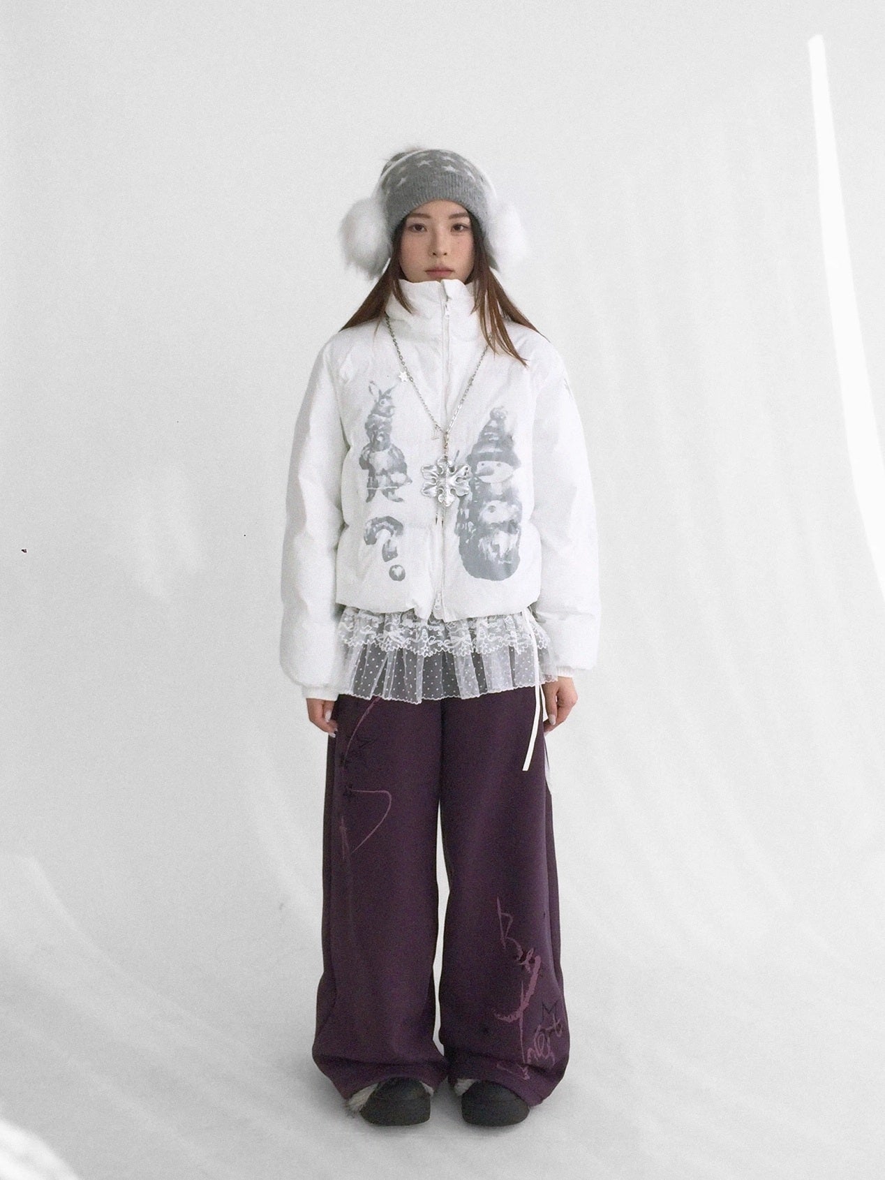 innomoood Fleece Lined Printed Straight Leg Casual Unisex Natural Waist Elastic Pants