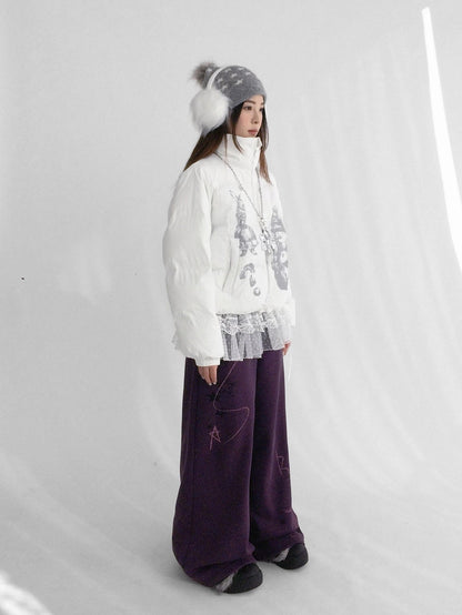 innomoood Fleece Lined Printed Straight Leg Casual Unisex Natural Waist Elastic Pants