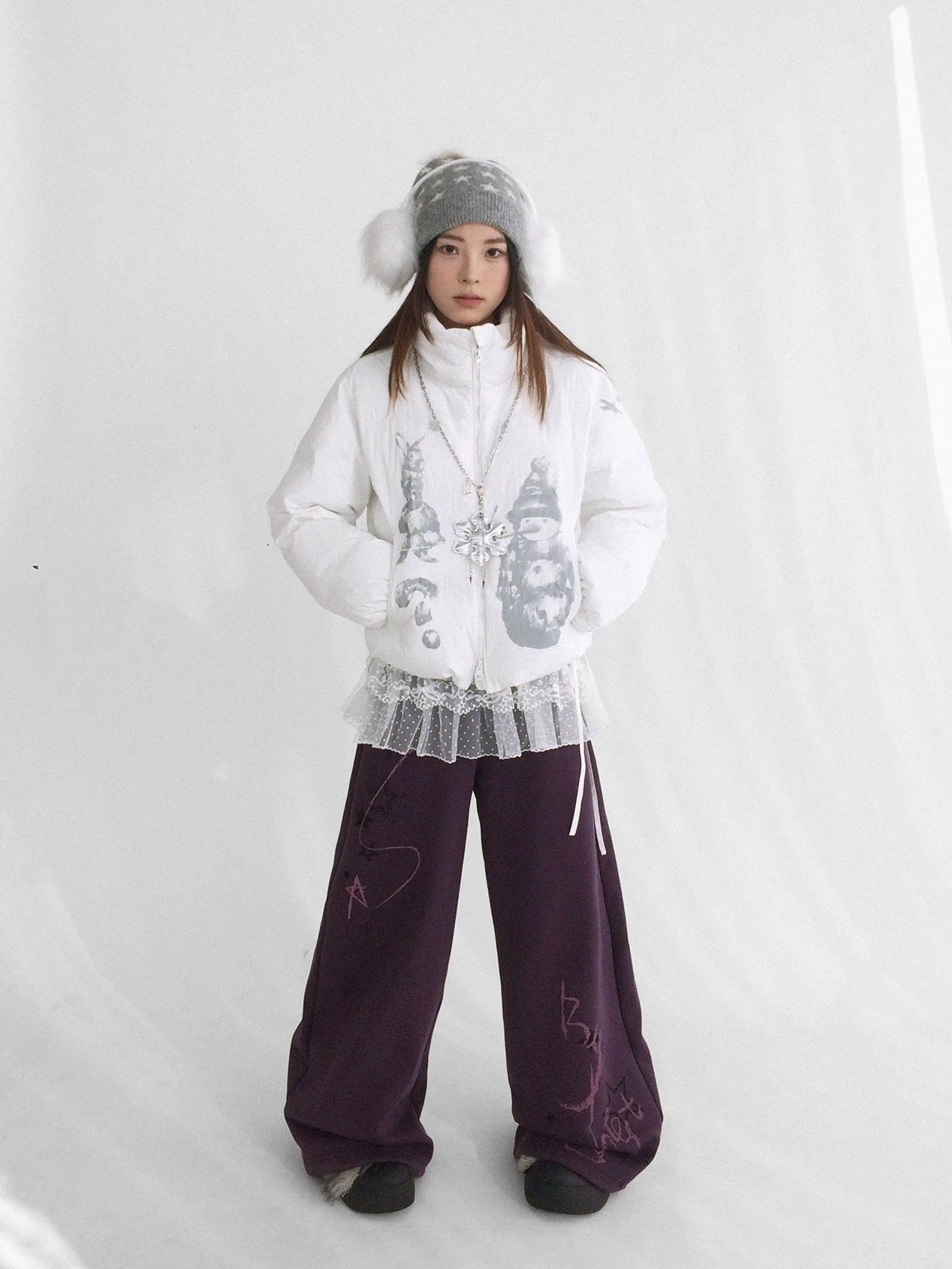 innomoood Fleece Lined Printed Straight Leg Casual Unisex Natural Waist Elastic Pants