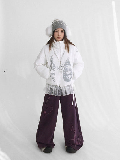 innomoood Fleece Lined Printed Straight Leg Casual Unisex Natural Waist Elastic Pants