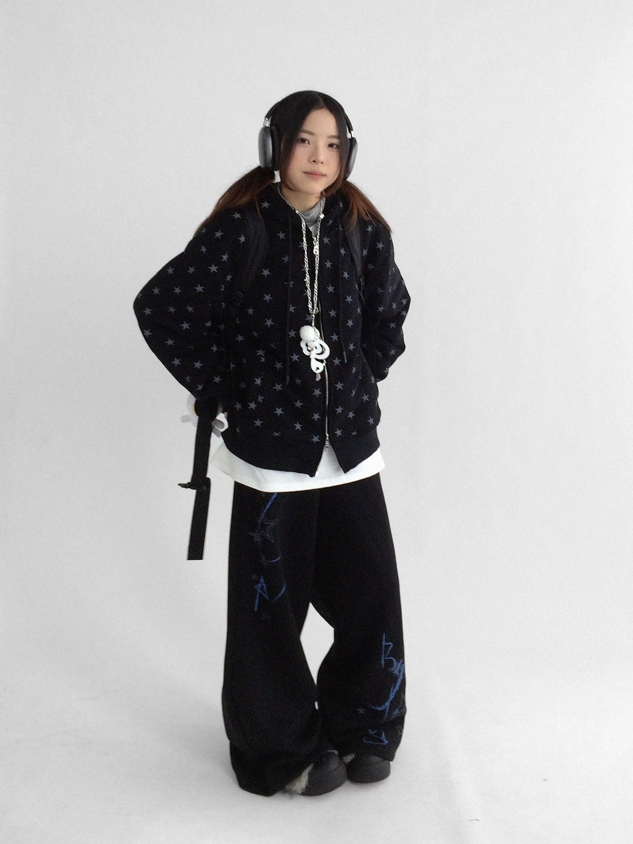 innomoood Fleece Lined Printed Straight Leg Casual Unisex Natural Waist Elastic Pants