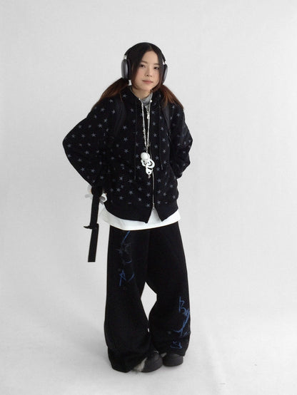 innomoood Fleece Lined Printed Straight Leg Casual Unisex Natural Waist Elastic Pants