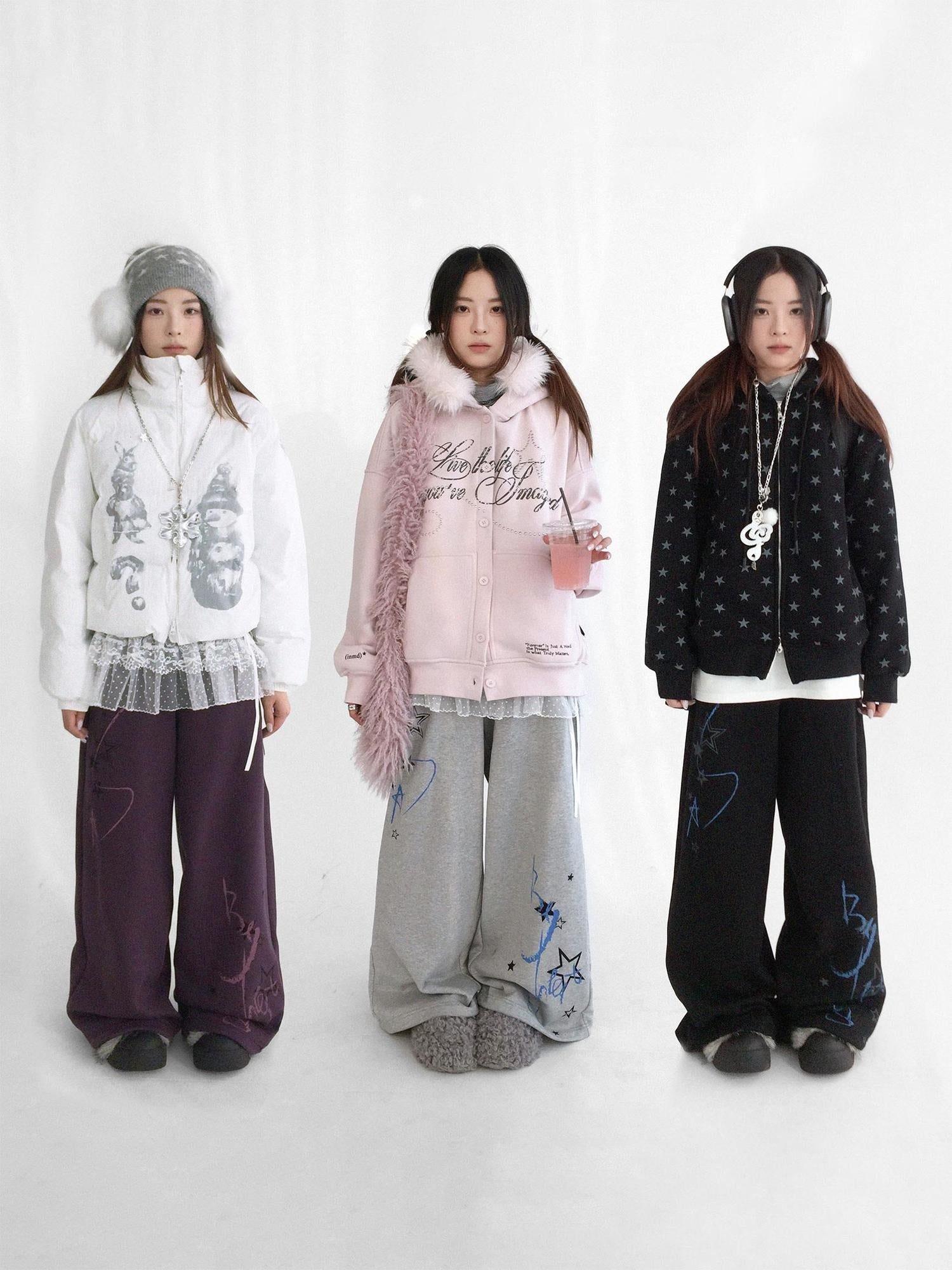 innomoood Fleece Lined Printed Straight Leg Casual Unisex Natural Waist Elastic Pants