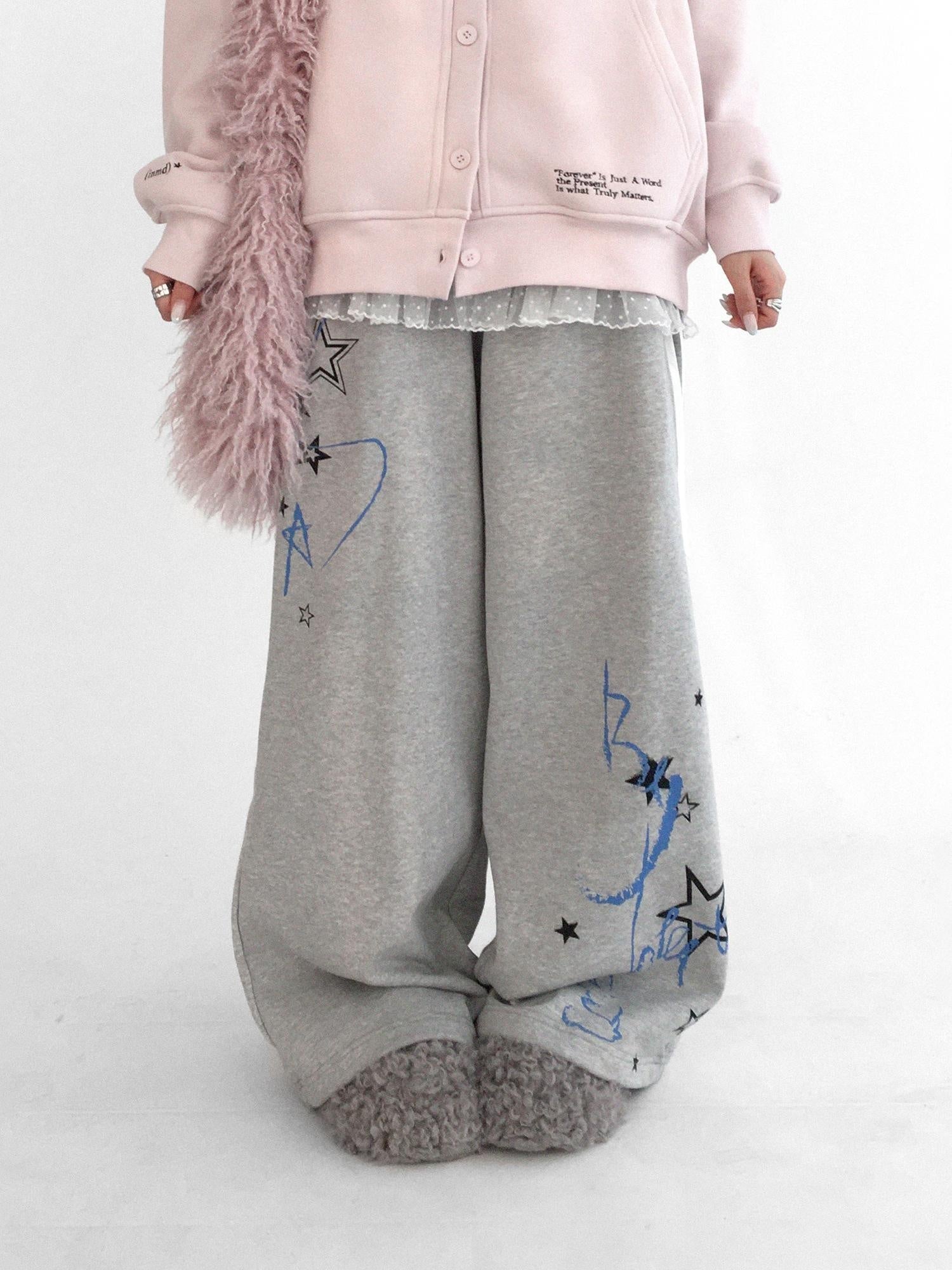 innomoood Fleece Lined Printed Straight Leg Casual Unisex Natural Waist Elastic Pants