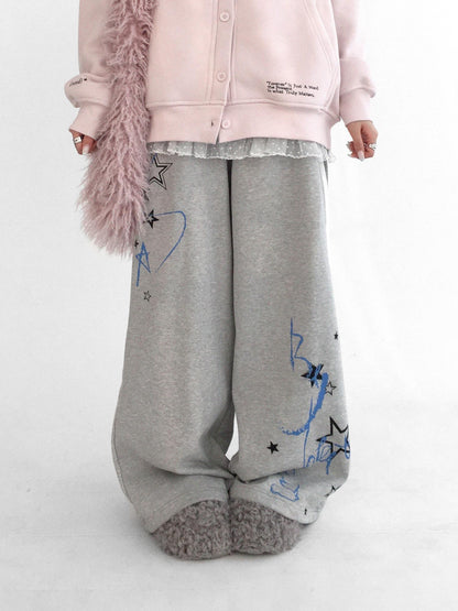 innomoood Fleece Lined Printed Straight Leg Casual Unisex Natural Waist Elastic Pants