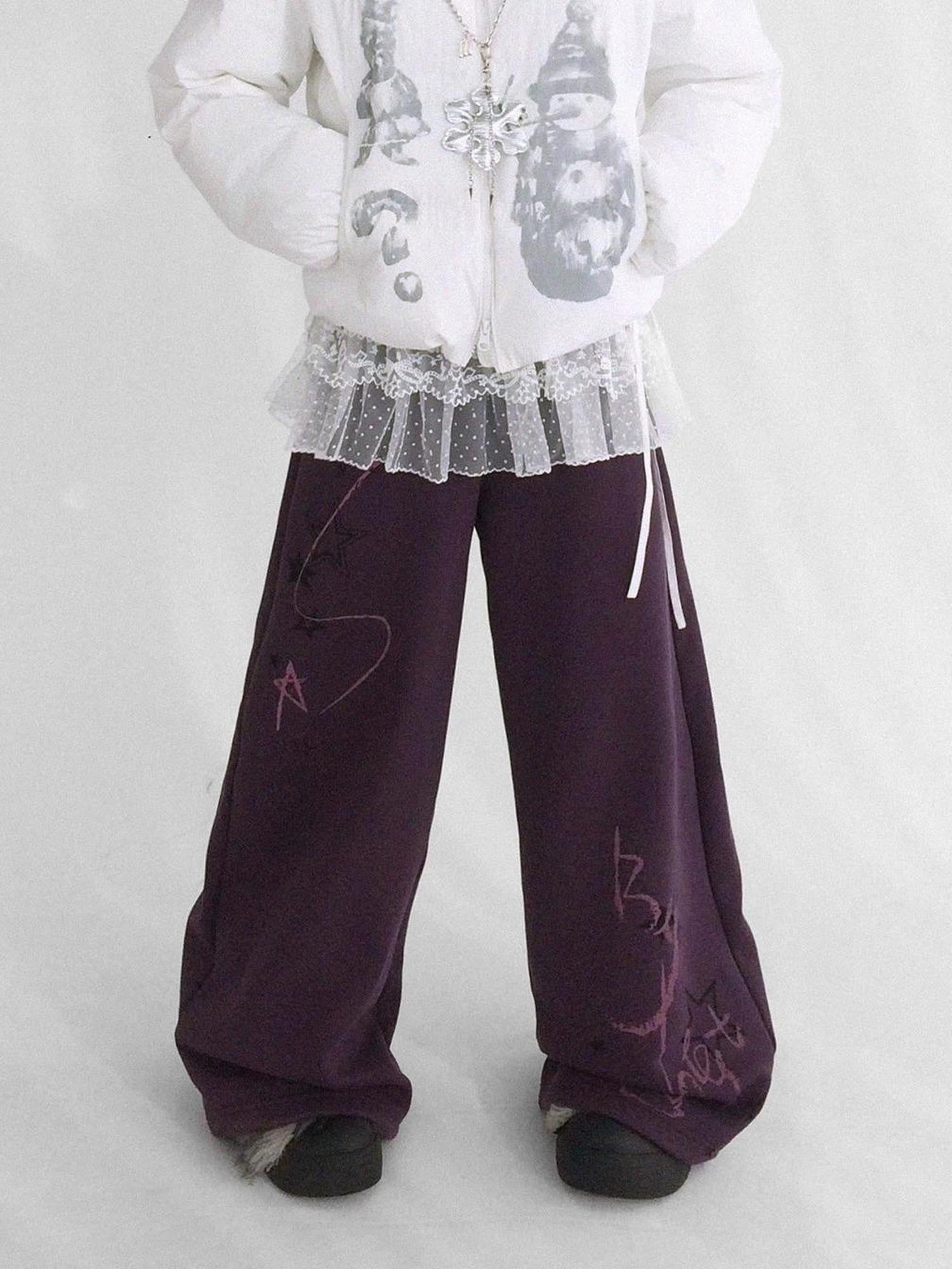 innomoood Fleece Lined Printed Straight Leg Casual Unisex Natural Waist Elastic Pants