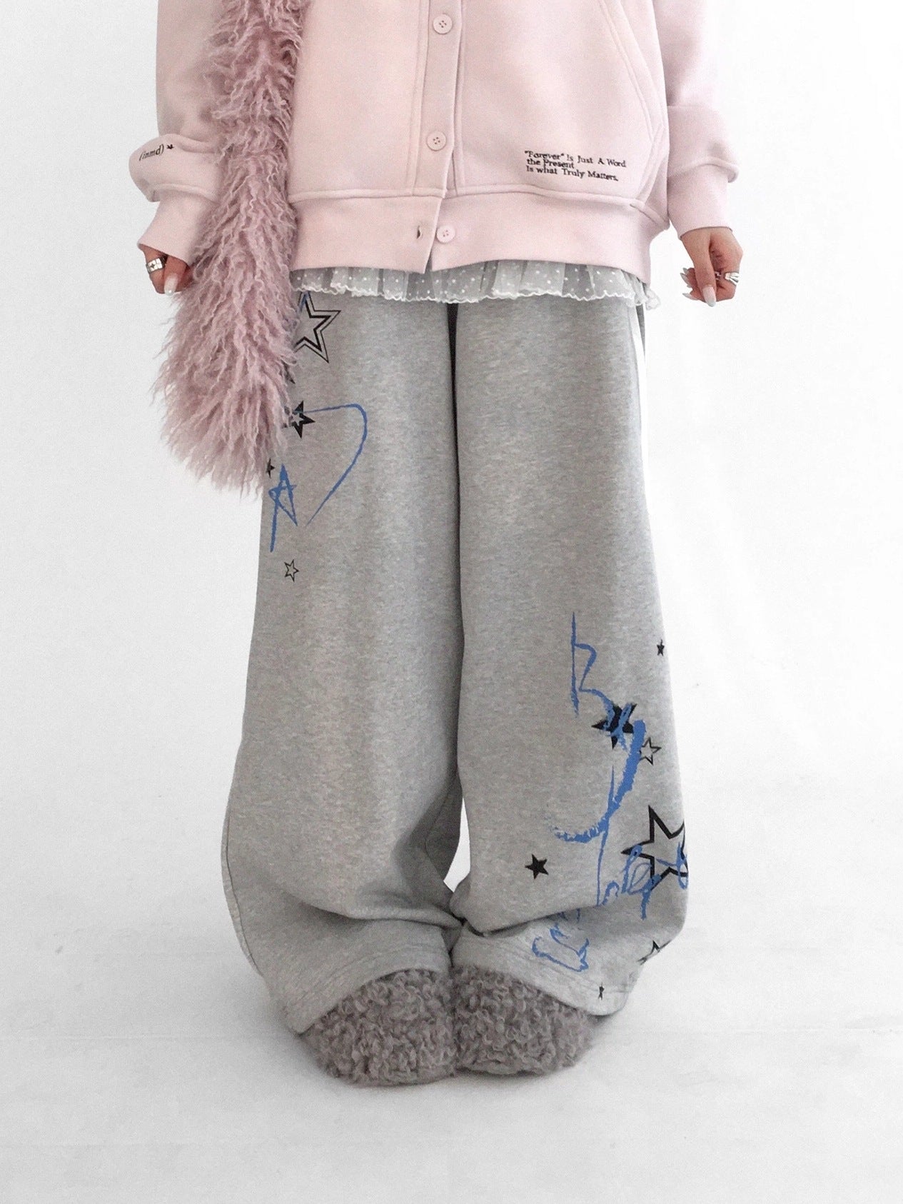 innomoood Fleece Lined Printed Straight Leg Casual Unisex Natural Waist Elastic Pants