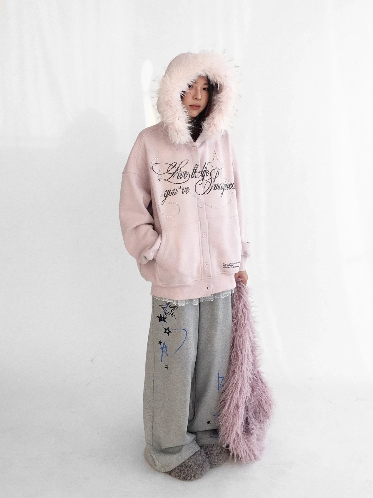 innomoood Fleece Lined Printed Straight Leg Casual Unisex Natural Waist Elastic Pants