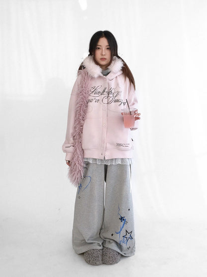 innomoood Fleece Lined Printed Straight Leg Casual Unisex Natural Waist Elastic Pants