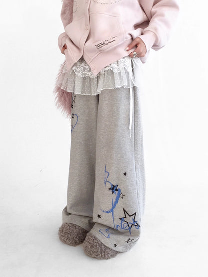 innomoood Fleece Lined Printed Straight Leg Casual Unisex Natural Waist Elastic Pants