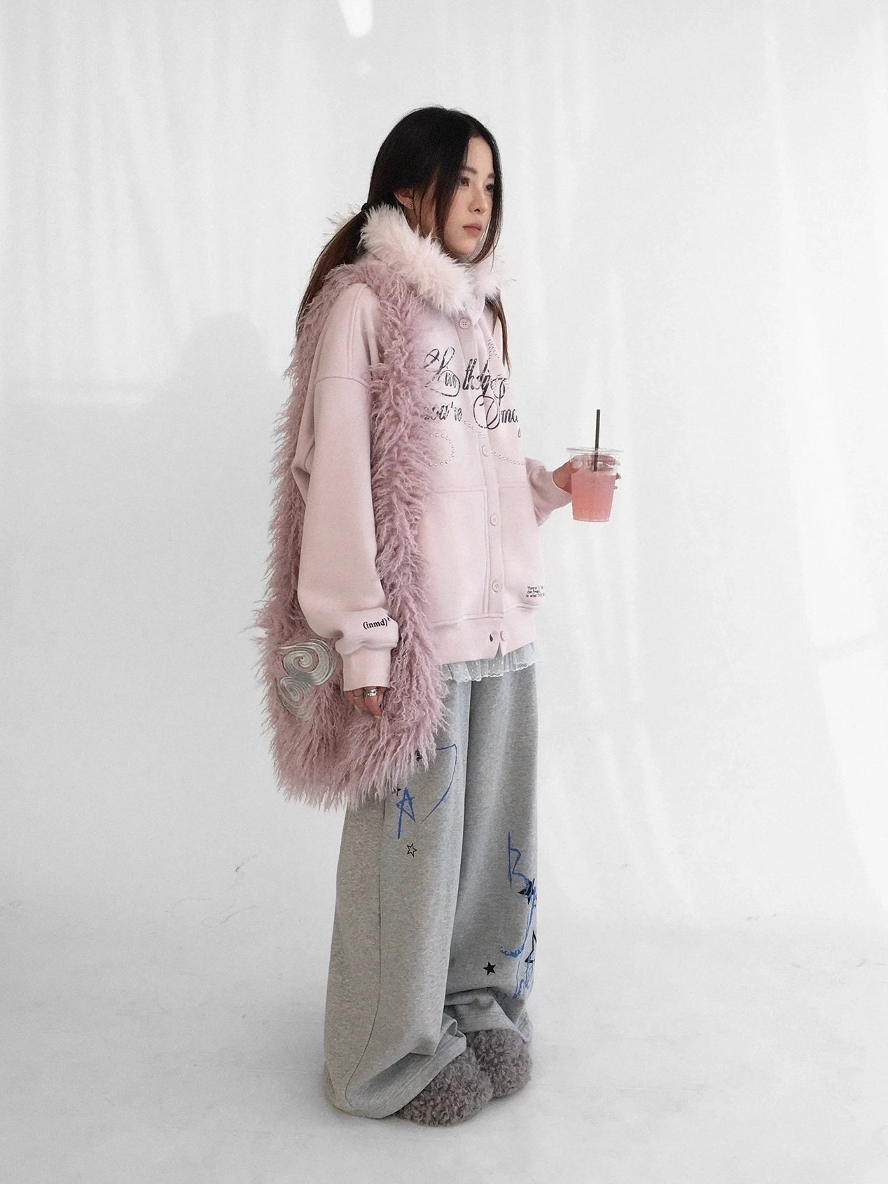 innomoood Fleece Lined Printed Straight Leg Casual Unisex Natural Waist Elastic Pants