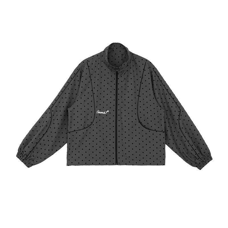 innomoood_Flocked_Polka_Dot_Panel_Stand_Collar_Zipper_Women&