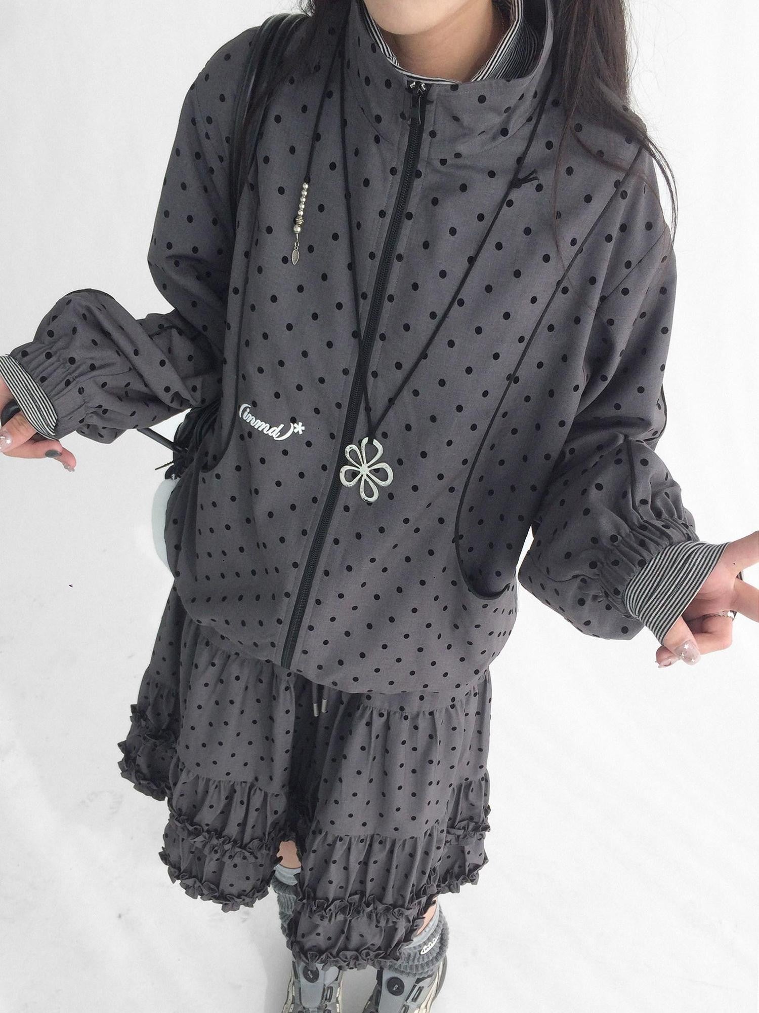 innomoood Flocked Polka Dot Panel Stand Collar Zipper Women&