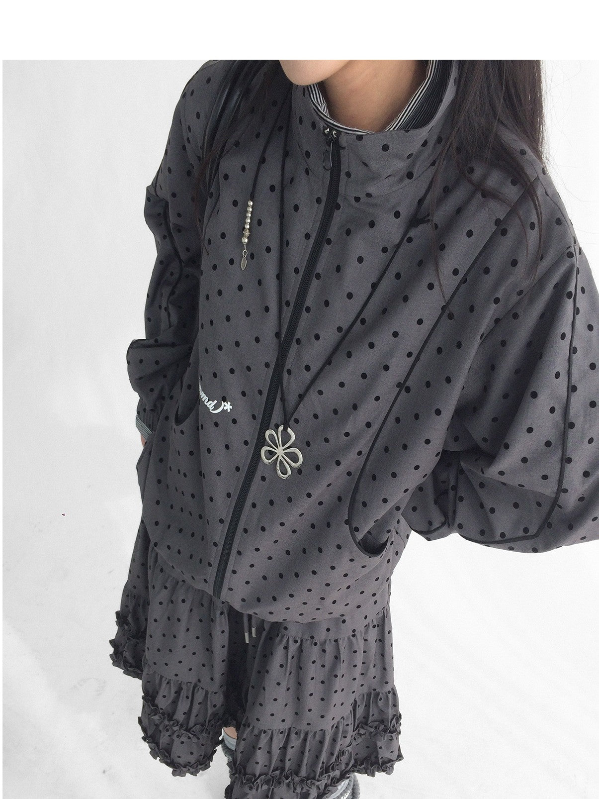 innomoood Flocked Polka Dot Panel Stand Collar Zipper Women&