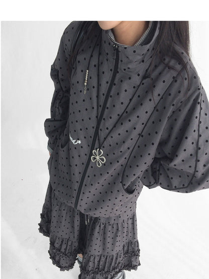 innomoood Flocked Polka Dot Panel Stand Collar Zipper Women&