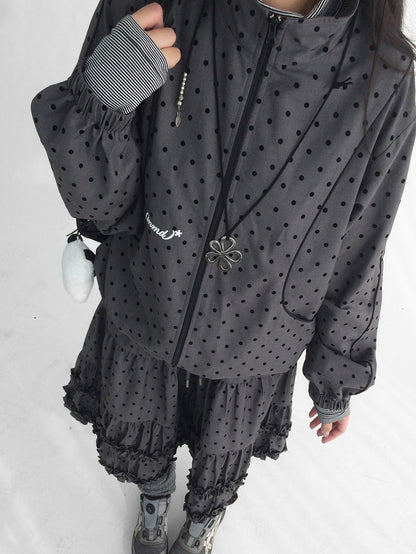 innomoood Flocked Polka Dot Panel Stand Collar Zipper Women&