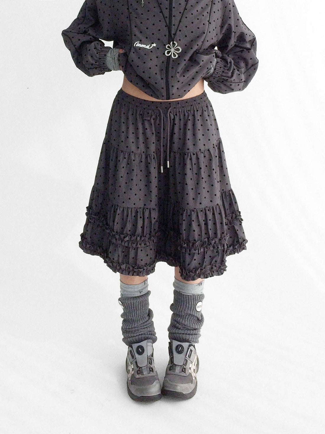 innomoood Flocked Polka Dot Ruffle Pleated Elastic Waist Women&