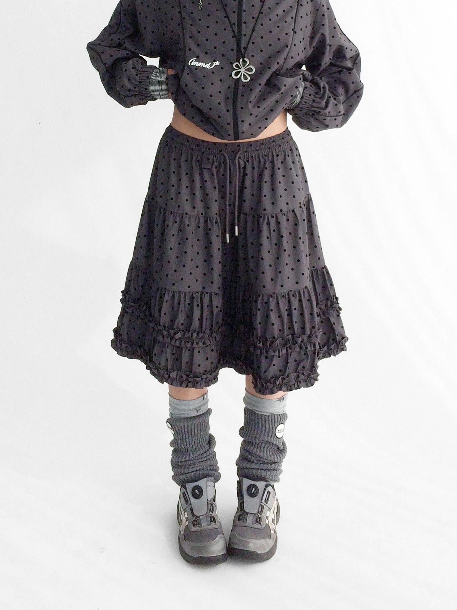 innomoood Flocked Polka Dot Ruffle Pleated Elastic Waist Women&