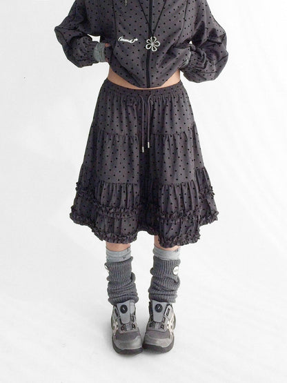 innomoood Flocked Polka Dot Ruffle Pleated Elastic Waist Women&
