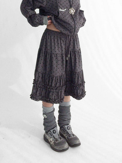 innomoood Flocked Polka Dot Ruffle Pleated Elastic Waist Women&
