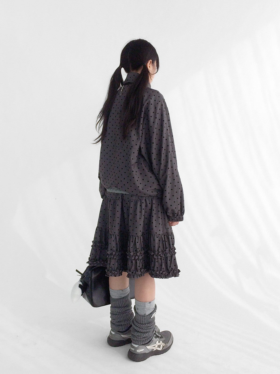 innomoood Flocked Polka Dot Ruffle Pleated Elastic Waist Women&