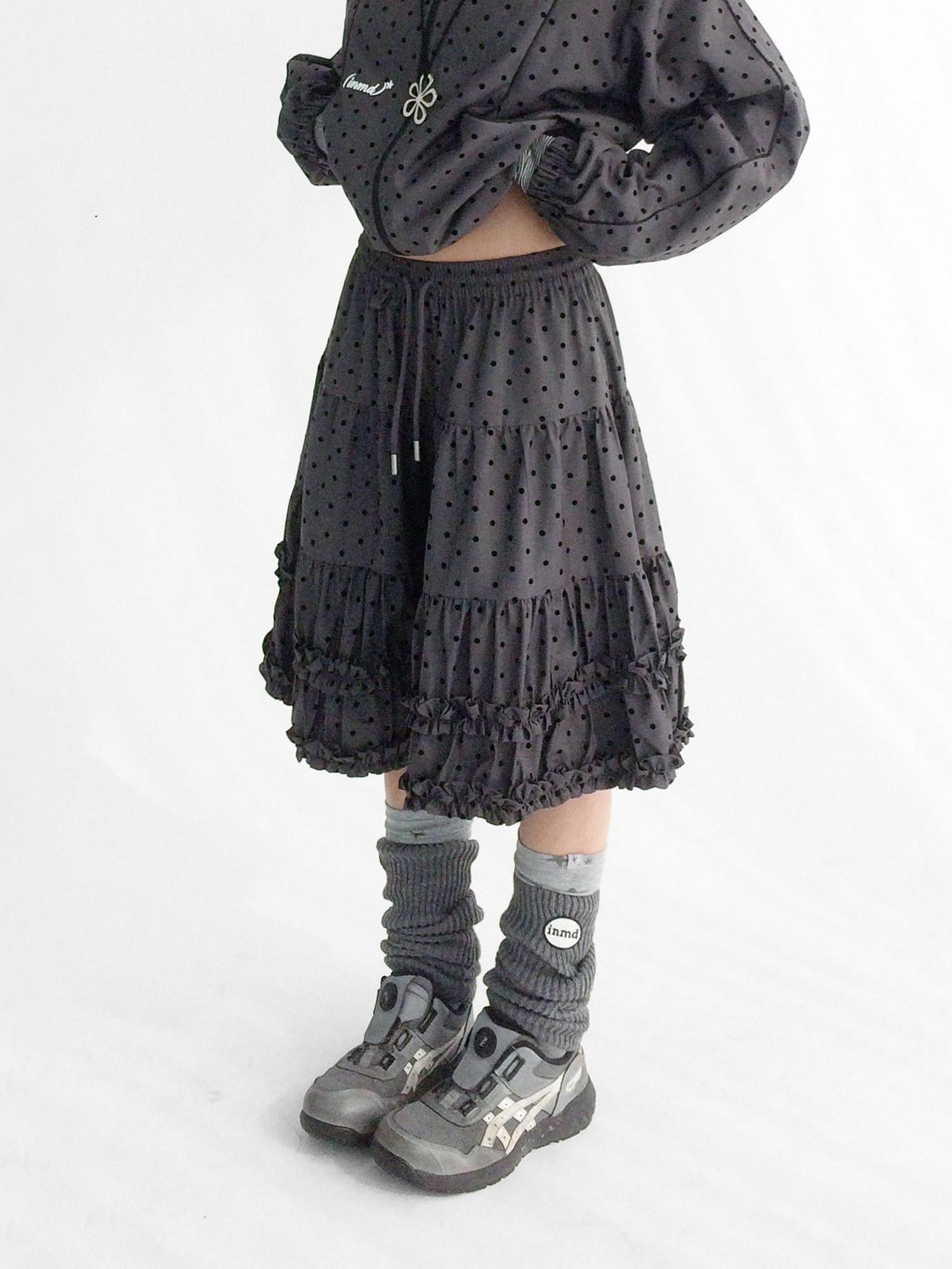 innomoood Flocked Polka Dot Ruffle Pleated Elastic Waist Women&