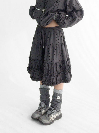 innomoood Flocked Polka Dot Ruffle Pleated Elastic Waist Women&