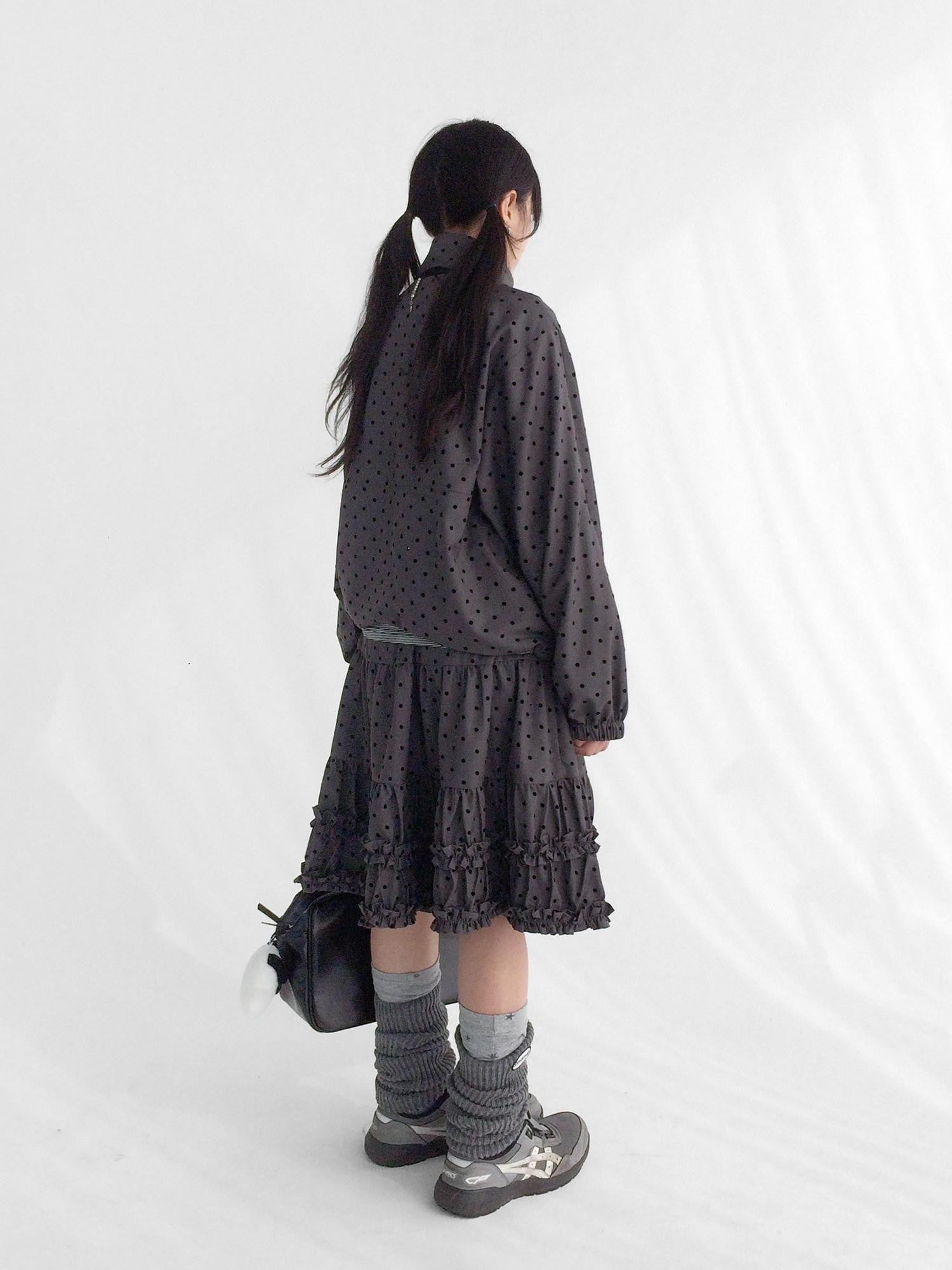 innomoood Flocked Polka Dot Ruffle Pleated Elastic Waist Women&