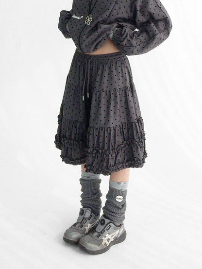 innomoood Flocked Polka Dot Ruffle Pleated Elastic Waist Women&