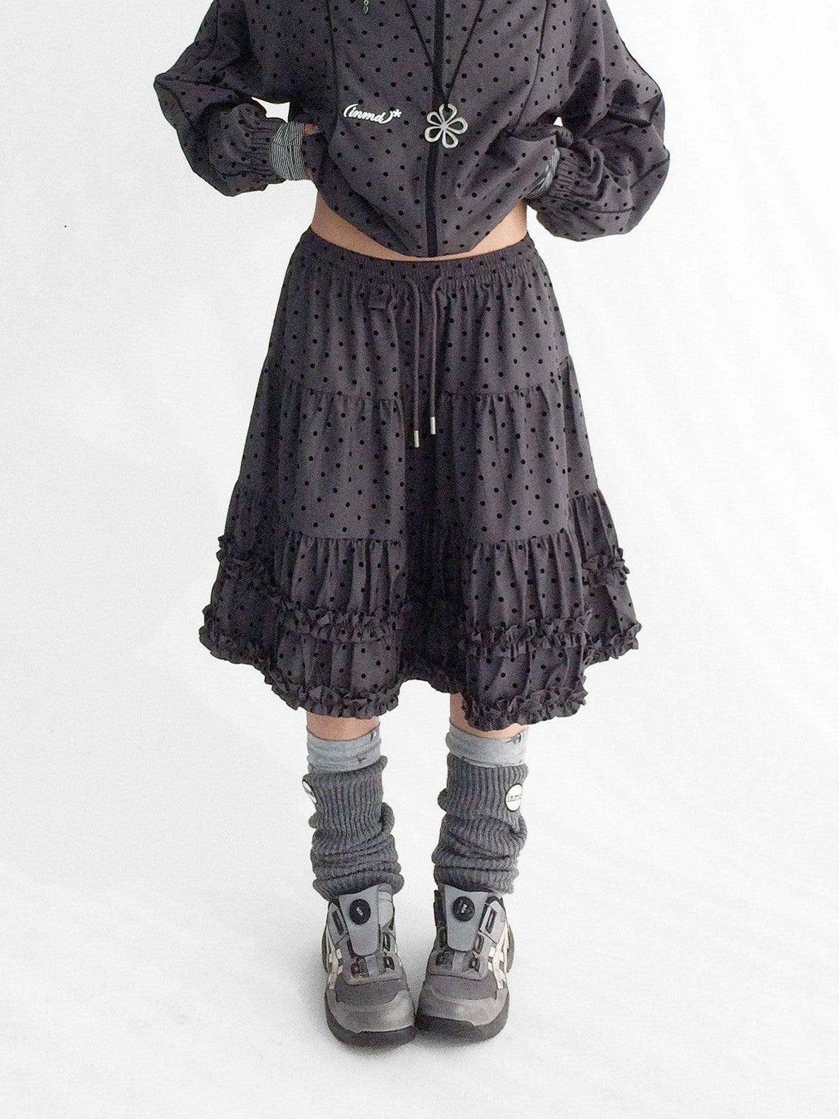 innomoood Flocked Polka Dot Ruffle Pleated Elastic Waist Women&