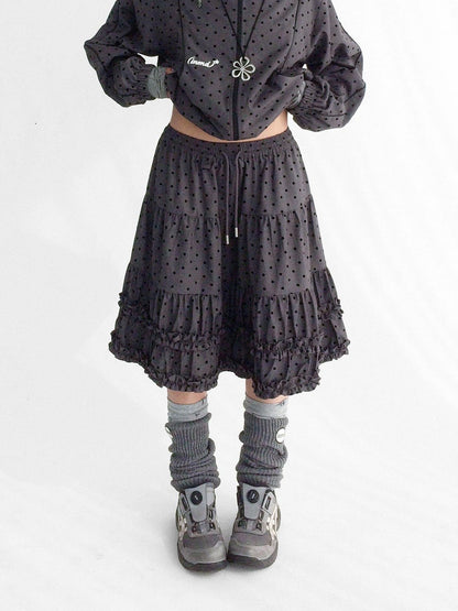 innomoood Flocked Polka Dot Ruffle Pleated Elastic Waist Women&