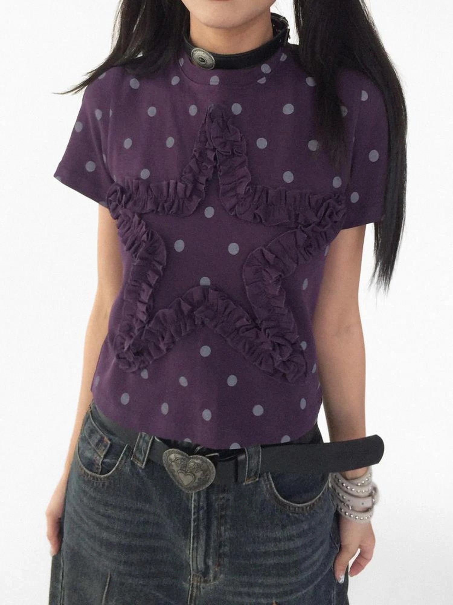Floral Dot Print Flounce V-neck T-shirt Long Sleeve