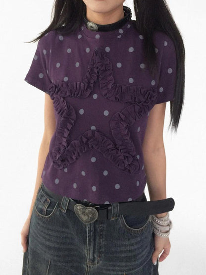 Floral Dot Print Flounce V-neck T-shirt Long Sleeve