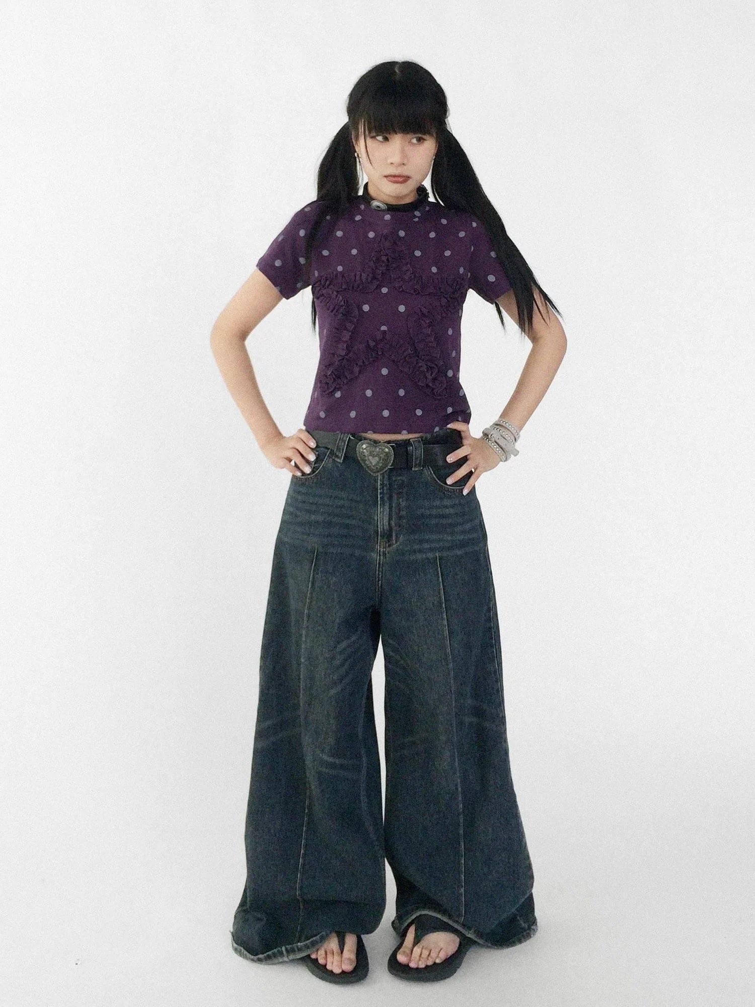 Floral Dot Print Flounce V-neck T-shirt Long Sleeve