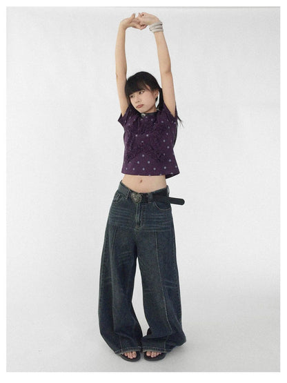 Floral Dot Print Flounce V-neck T-shirt Long Sleeve