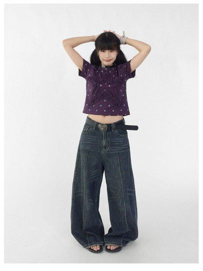 Floral Dot Print Flounce V-neck T-shirt Long Sleeve