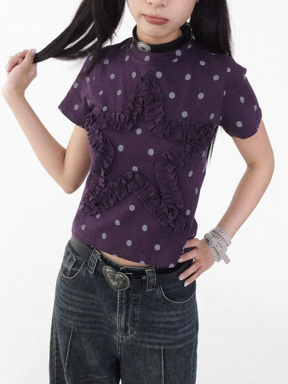 Floral Dot Print Flounce V-neck T-shirt Long Sleeve