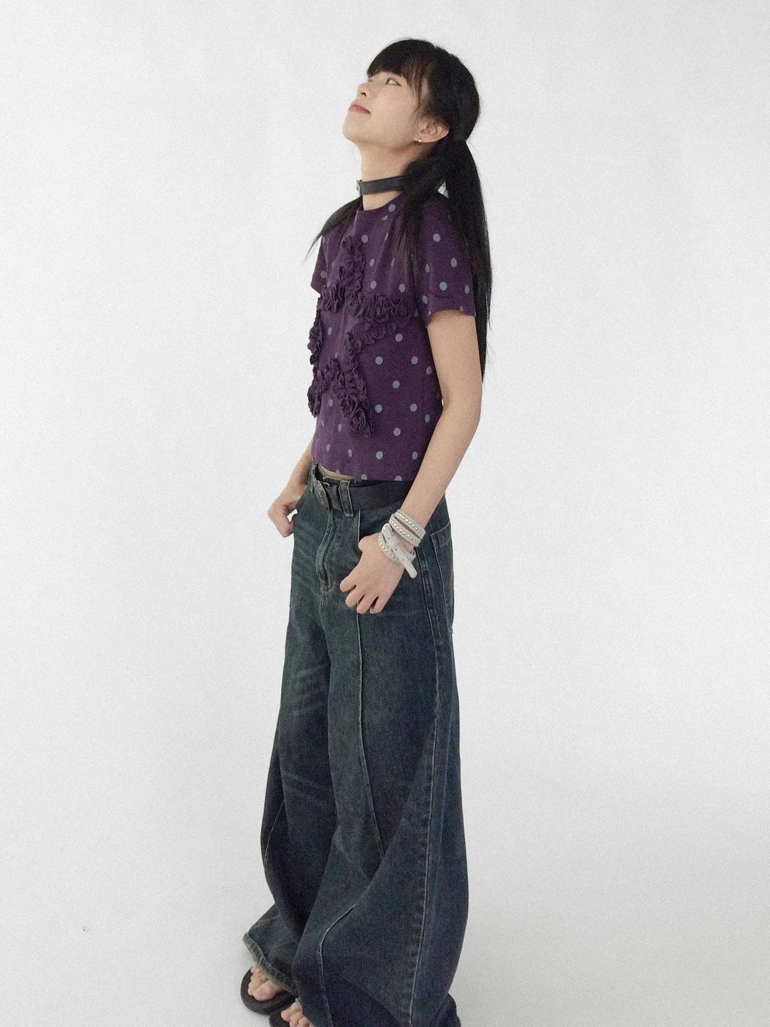 Floral Dot Print Flounce V-neck T-shirt Long Sleeve