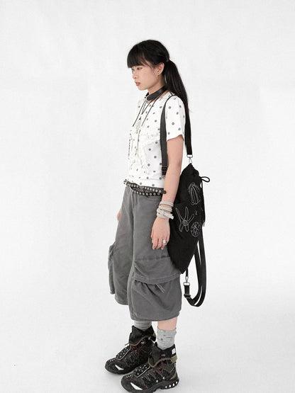 Floral Dot Print Flounce V-neck T-shirt Long Sleeve