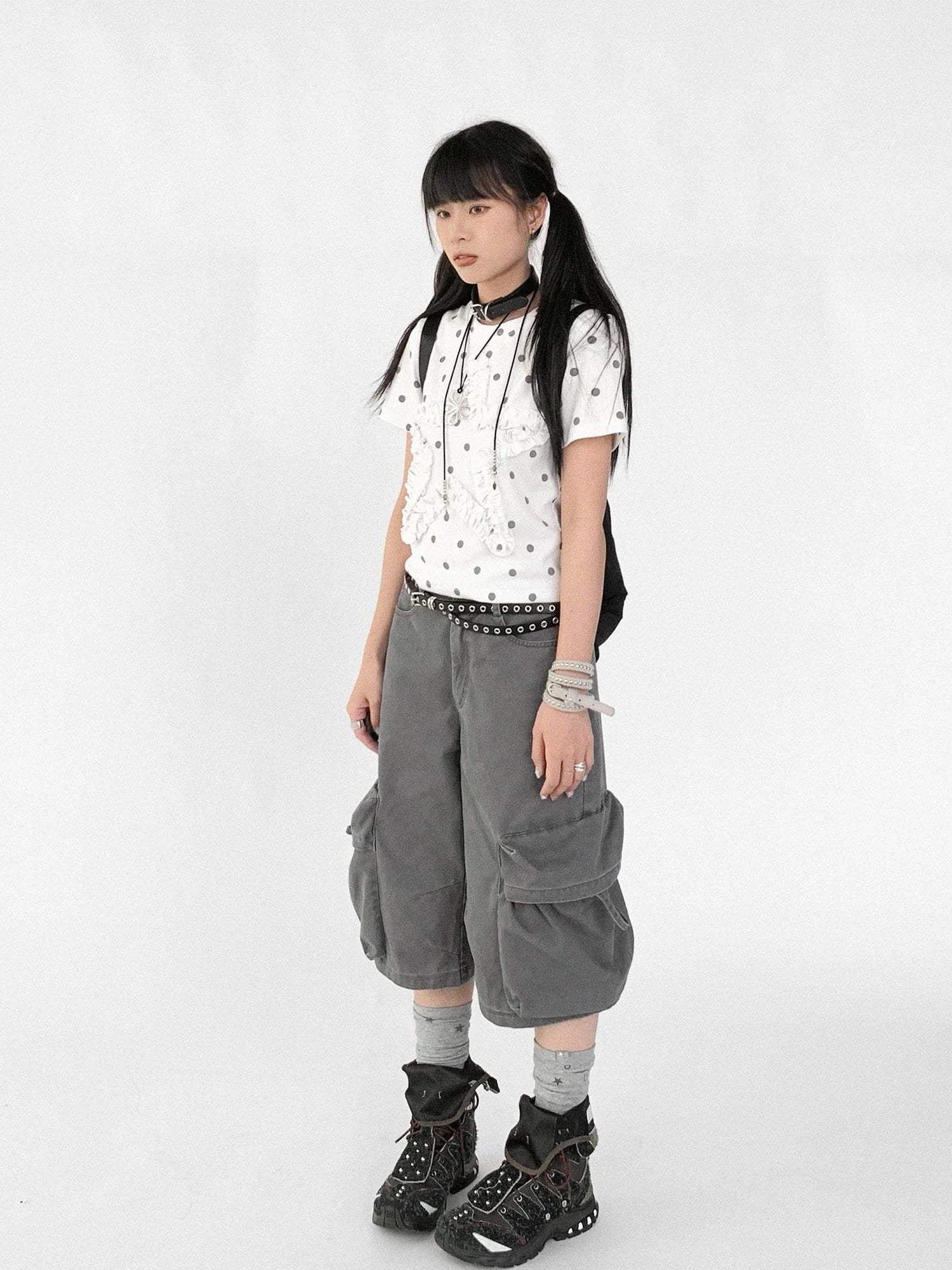 Floral Dot Print Flounce V-neck T-shirt Long Sleeve