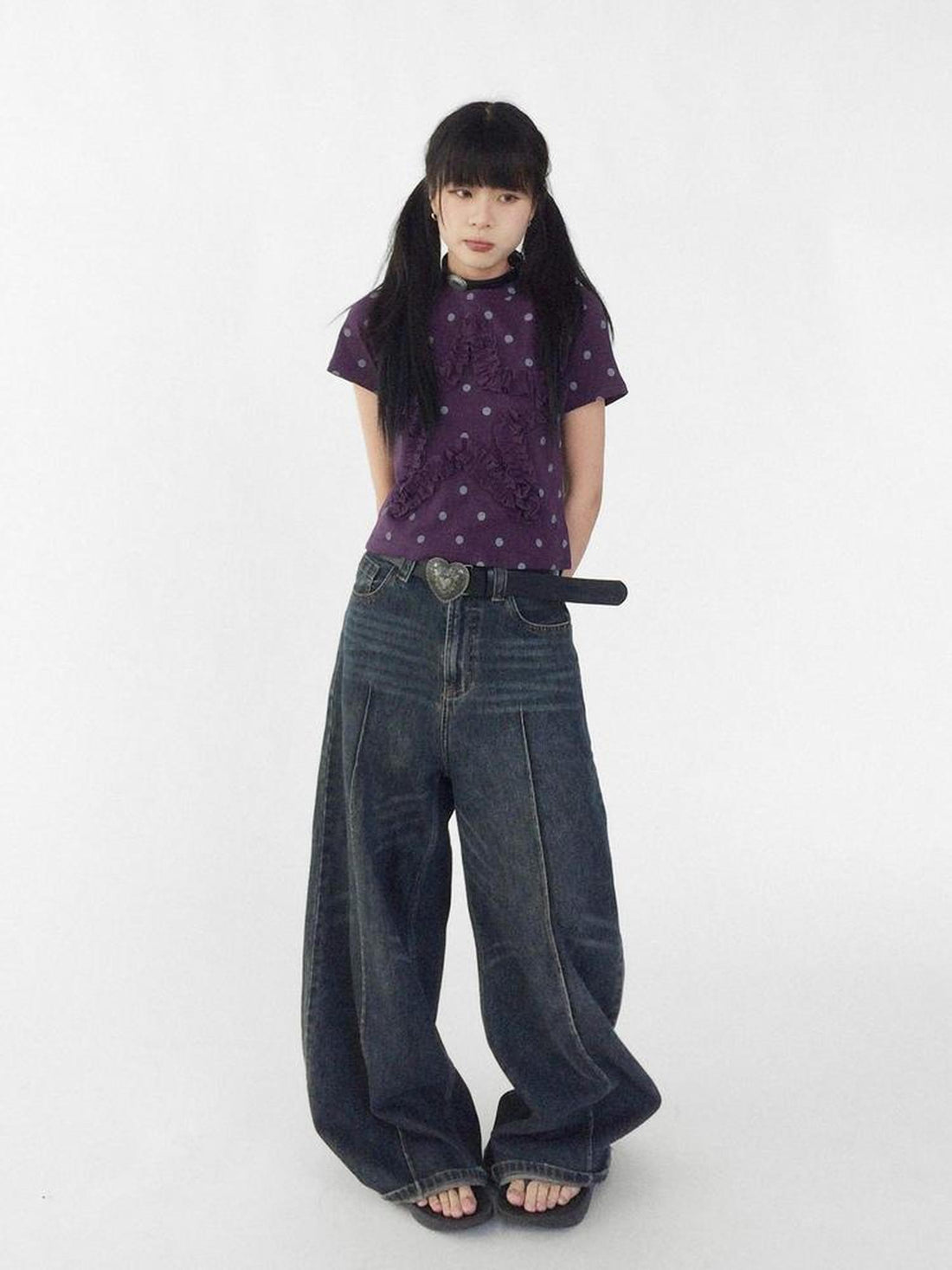 innomoood Floral Dot Print Flounce V-neck T-shirt Long Sleeve