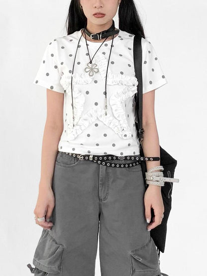 innomoood Floral Dot Print Flounce V-neck T-shirt Long Sleeve