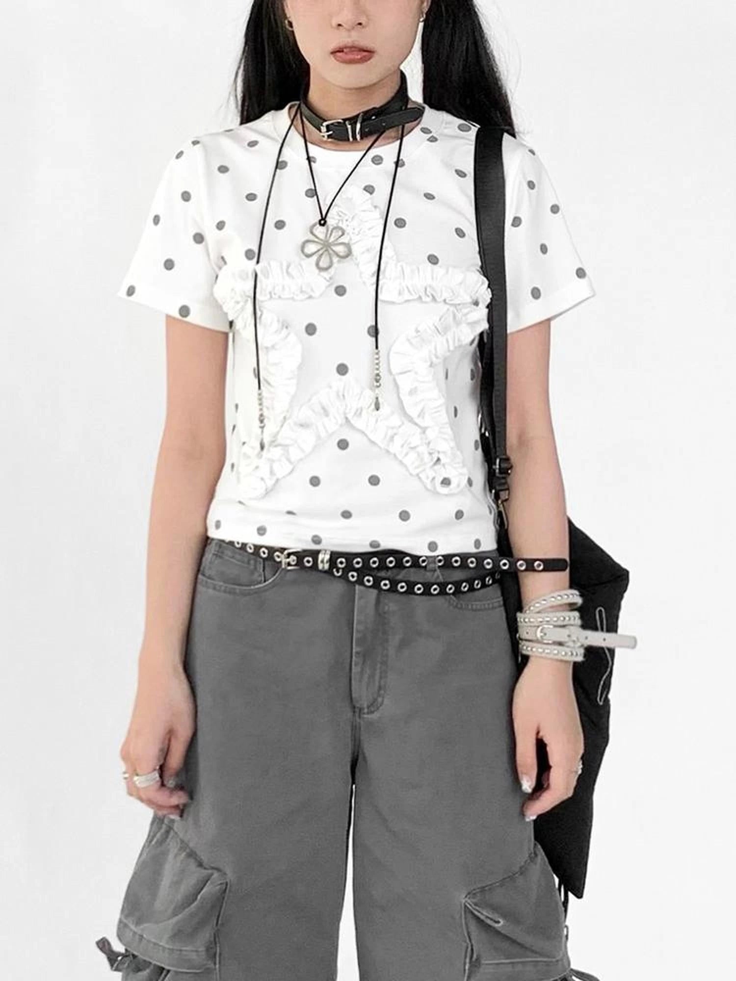 Floral Dot Print Flounce V-neck T-shirt Long Sleeve