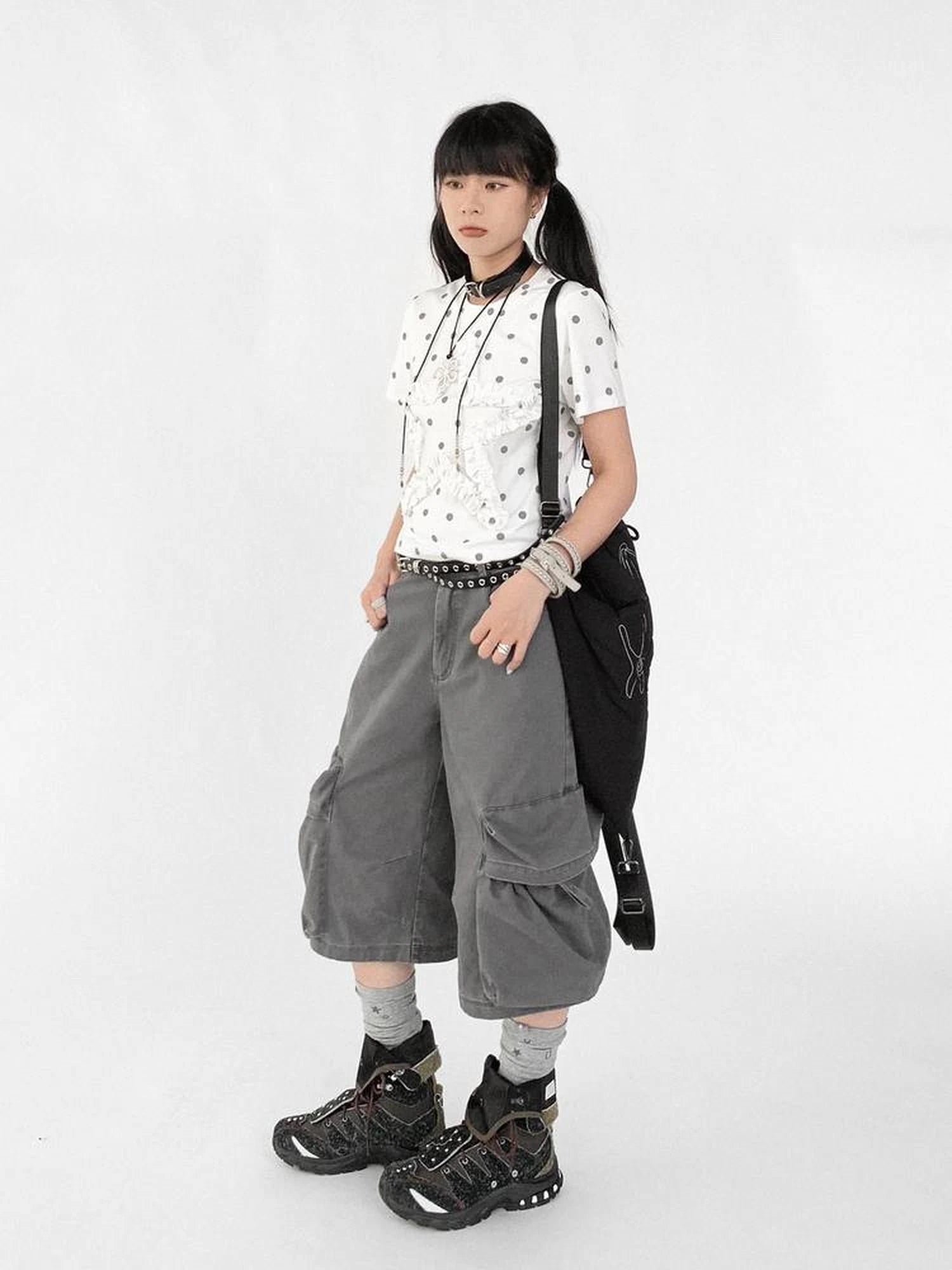 Floral Dot Print Flounce V-neck T-shirt Long Sleeve