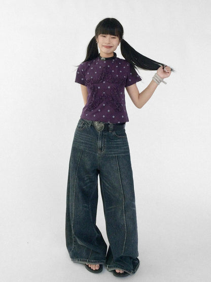 Floral Dot Print Flounce V-neck T-shirt Long Sleeve