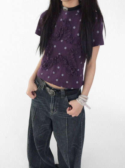 Floral Dot Print Flounce V-neck T-shirt Long Sleeve
