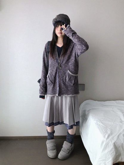 innomoood Floral Print Blocked Loose Fit Long Sleeve V-neck Women&